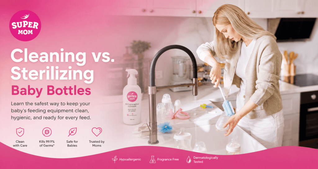 Mother cleaning baby bottles before sterilizing in a modern kitchen