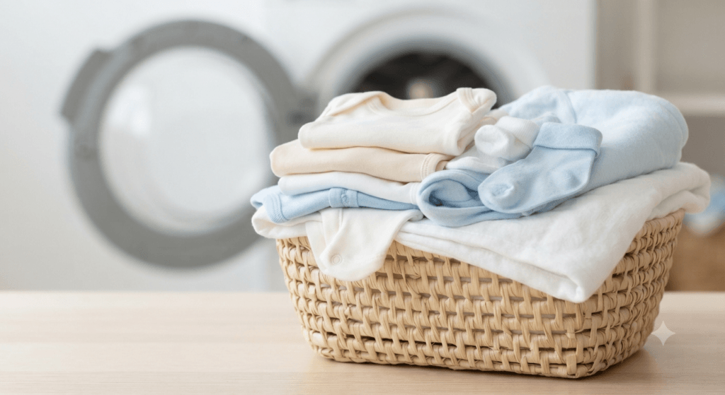 A woven wicker basket filled with neatly folded newborn clothing