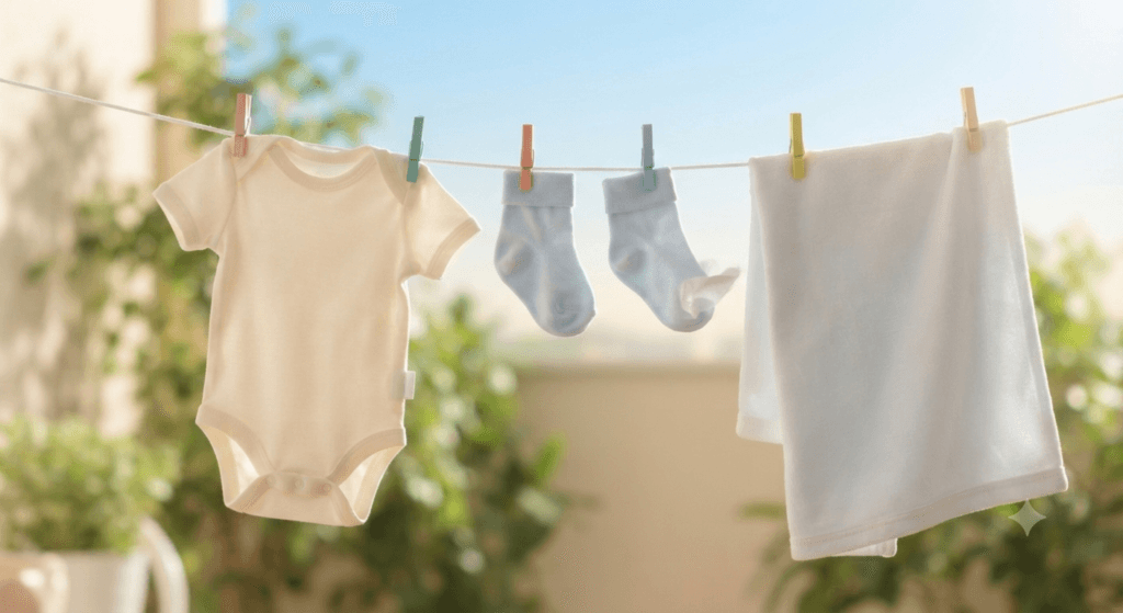 "Freshly washed baby clothes, including a onesie and socks