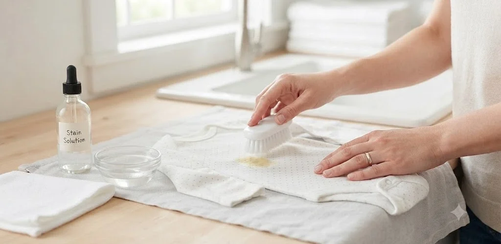 Parent gently scrubbing a baby formula stain from a white baby onesie before washing
