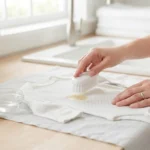 Parent gently scrubbing a baby formula stain from a white baby onesie before washing