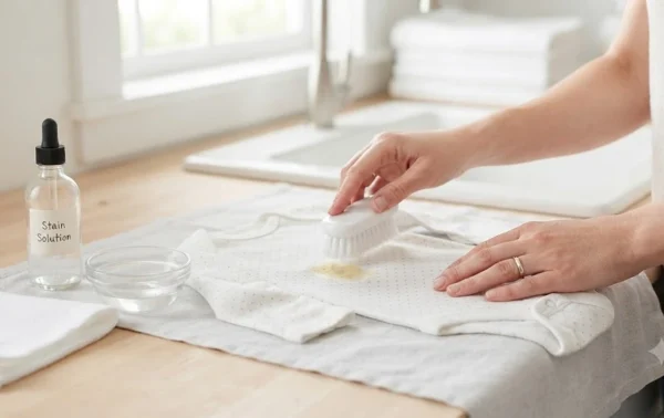 Parent gently scrubbing a baby formula stain from a white baby onesie before washing