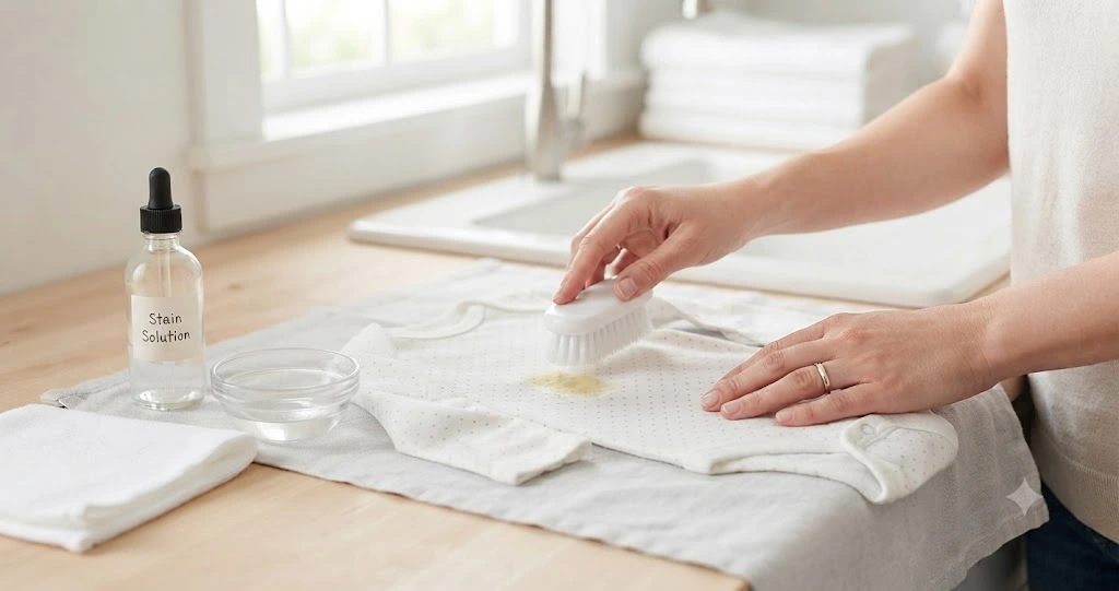 Parent gently scrubbing a baby formula stain from a white baby onesie before washing