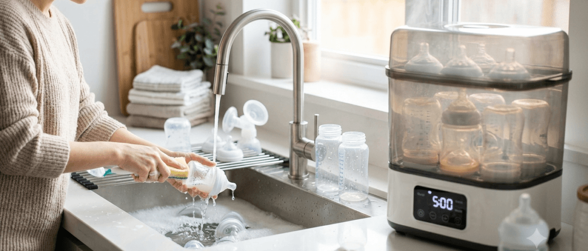 Mother cleaning baby bottles before sterilizing in a modern kitchen