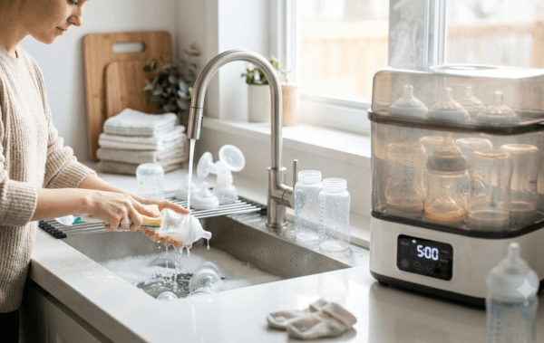 Mother cleaning baby bottles before sterilizing in a modern kitchen