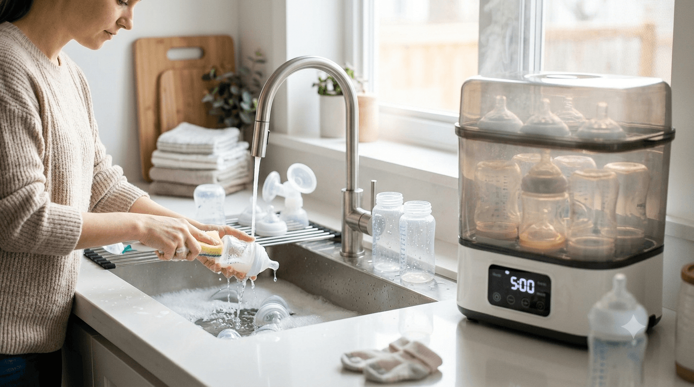 Mother cleaning baby bottles before sterilizing in a modern kitchen